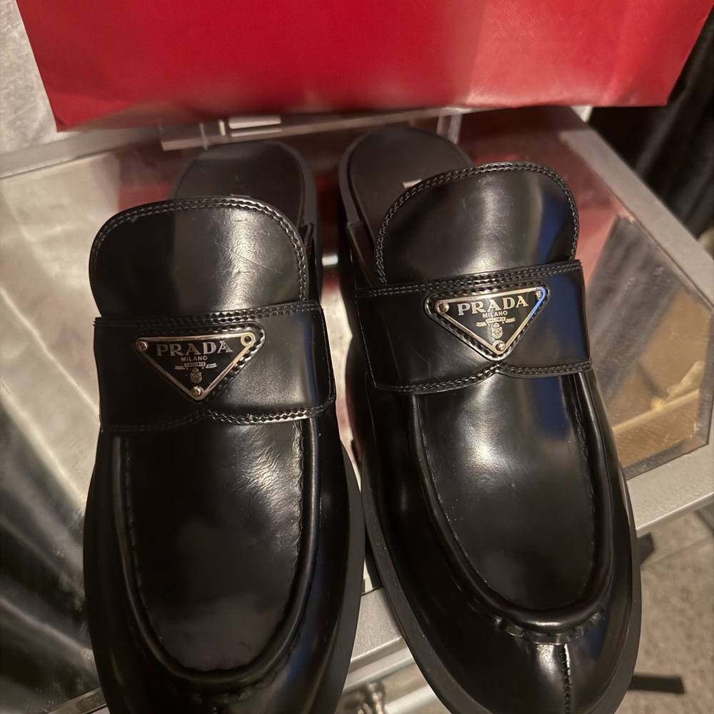Prada Black Leather Logo Slip-On Mules